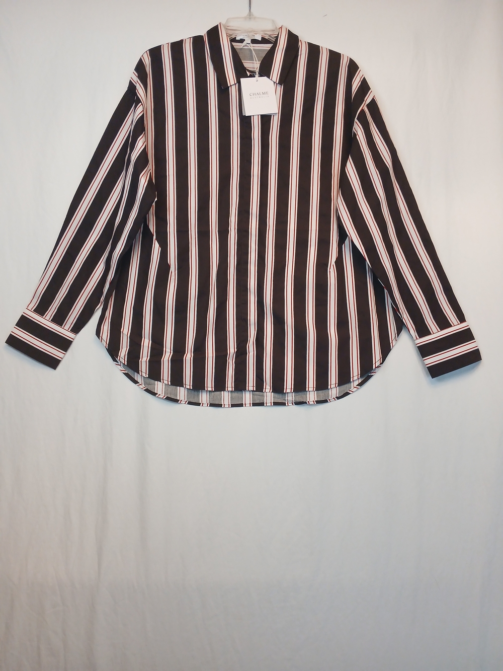 Brown & Red Striped Oversized Button Down Cotton Shirt L New! Chalme Australia